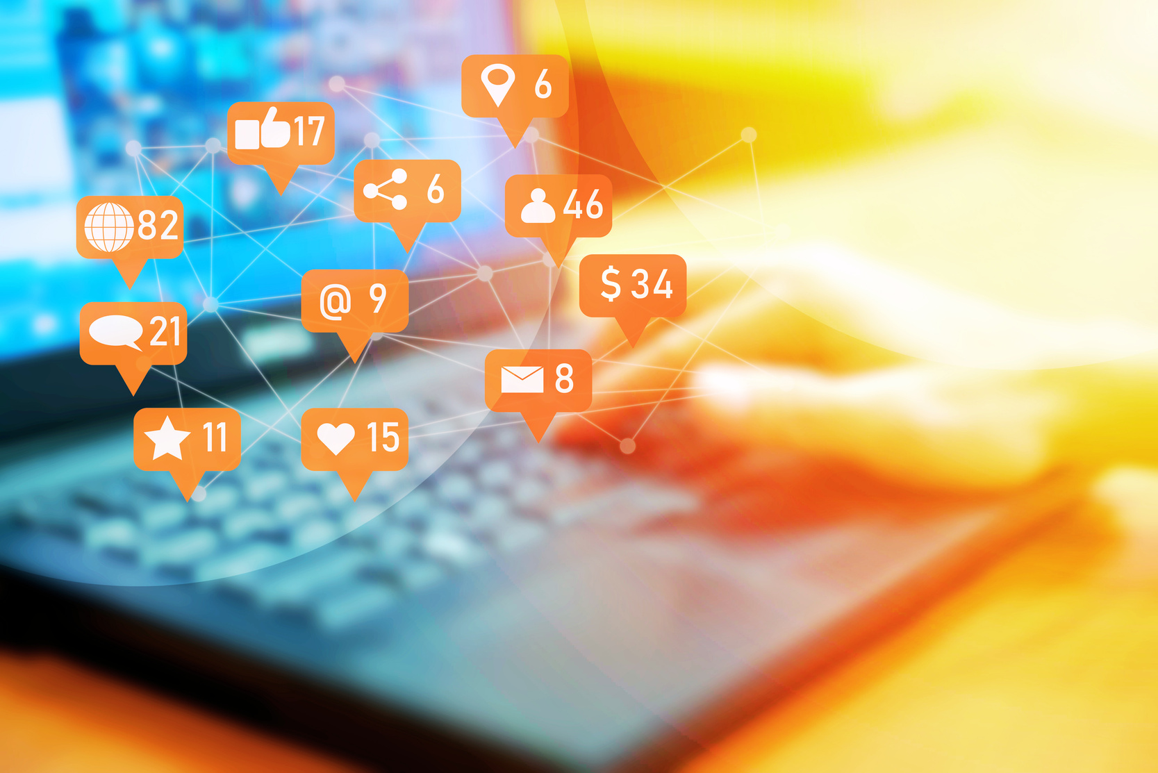 Businessman laptop using, Received notifications from Social, media, Marketing digital concept.